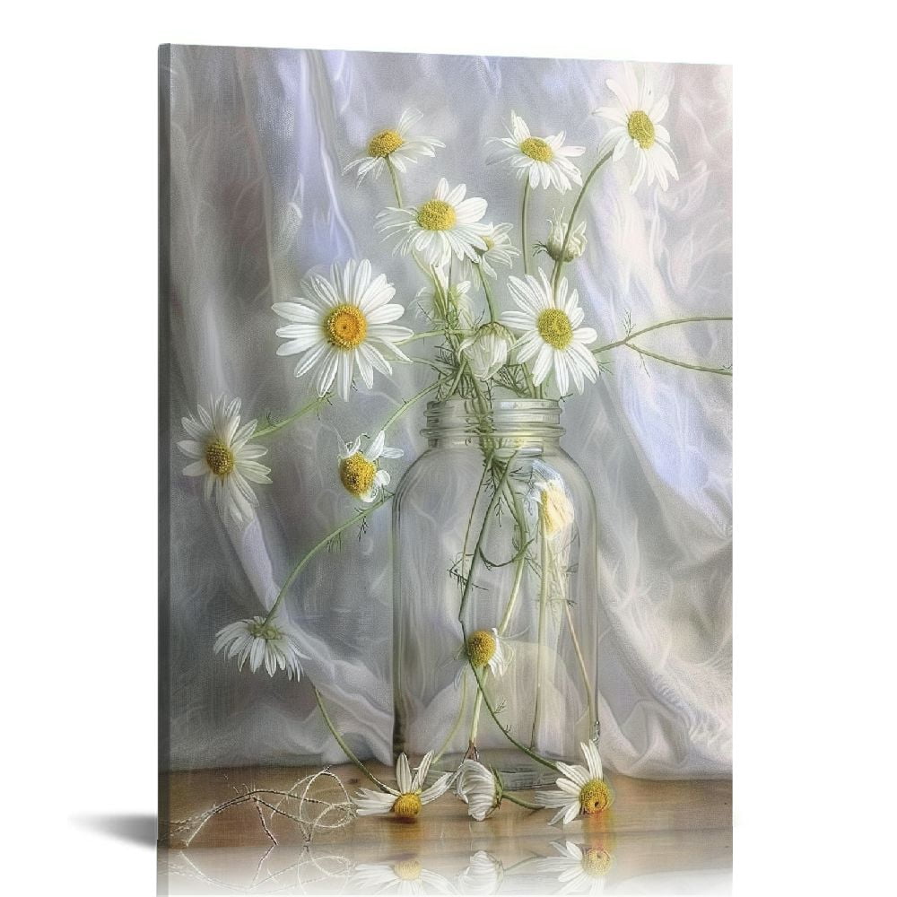 Nawypu Flowers Bathroom Wall Decor Floral Canvas Wall Art White Daisy ...