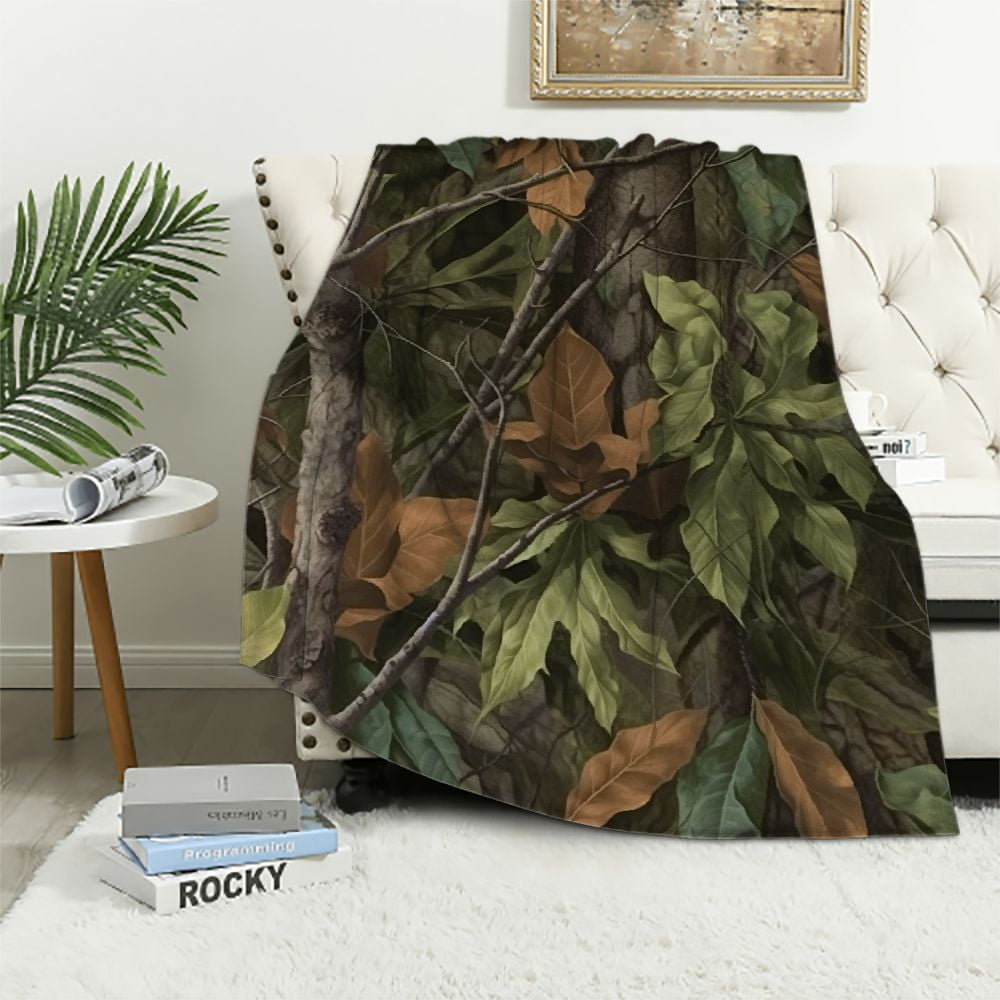 Nawypu Forest Camouflage Flannel Blankets, Forest Camo Conifer Oak