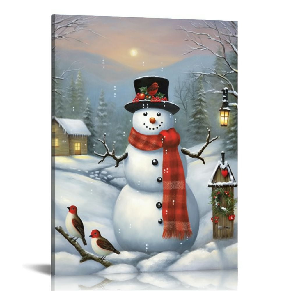 Nawypu Forest Snowman Cardinal Lighted Canvas Wall Art Print With Timer