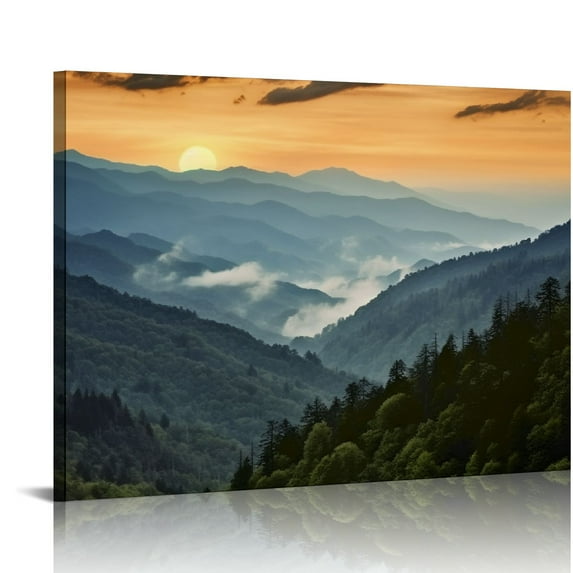 Nawypu Forest Sunrise Wall Art Decor Great Smoky Mountains Photo Prints National Park Landscape Canvas Painting Artwork Framed for Bedroom Living Room 20x16 inch