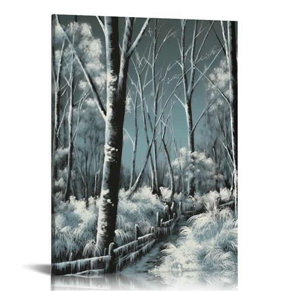 Nawypu Forest Wall Art for Bathroom Modern Canvas Print Abstract Night Natural Scenery Picture Winter Snow Trees Landscape Painting Contemporary Framed Artwork for Bedroom Living Room Office Decor