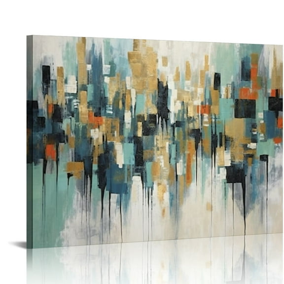 Nawypu Framed Abstract Canvas Wall Art: Large Teal Textured Painting Glitter Gold Foil Modern Prints Green Minimalist Picture Contemporary Artwork for Office Living Room Bedroom