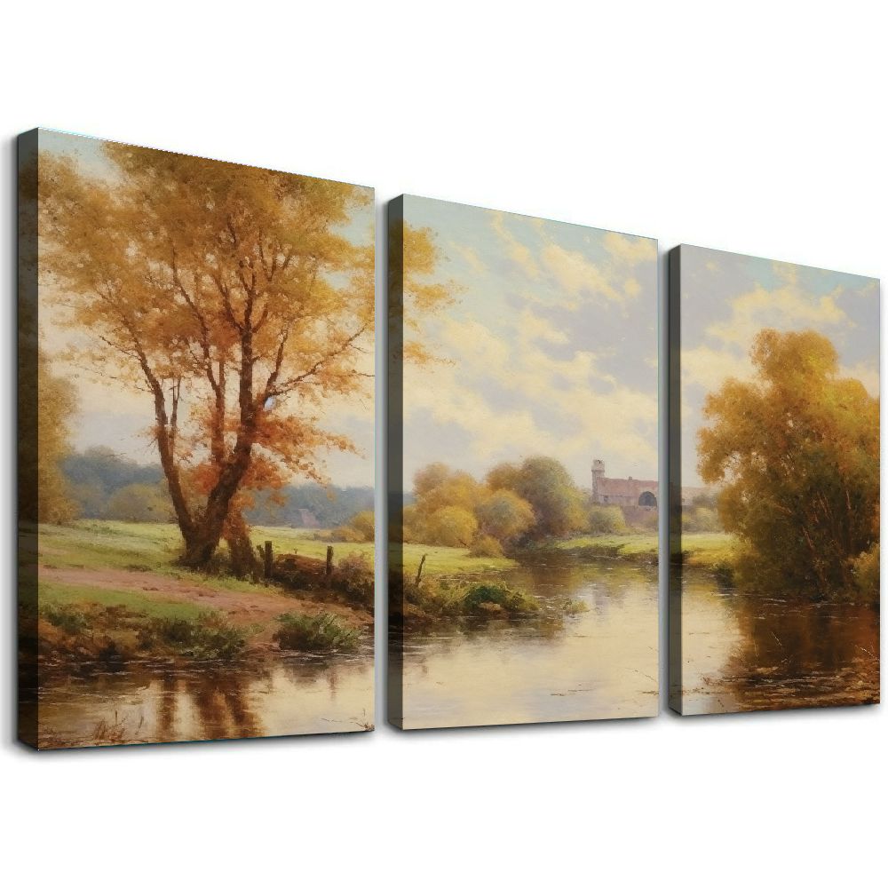 Nawypu Framed Canvas Print Wall Art Autumn Fall River Dawn Forest Trees ...