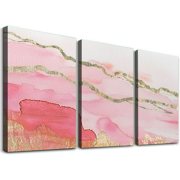 Nawypu  Framed Canvas Print Wall Art Coral Pink Watercolor Gradient Blots Lined with Gold Abstract Shapes Illustrations Modern Art Bohemian Colorful for Living Room, Bedroom, Office - Natural