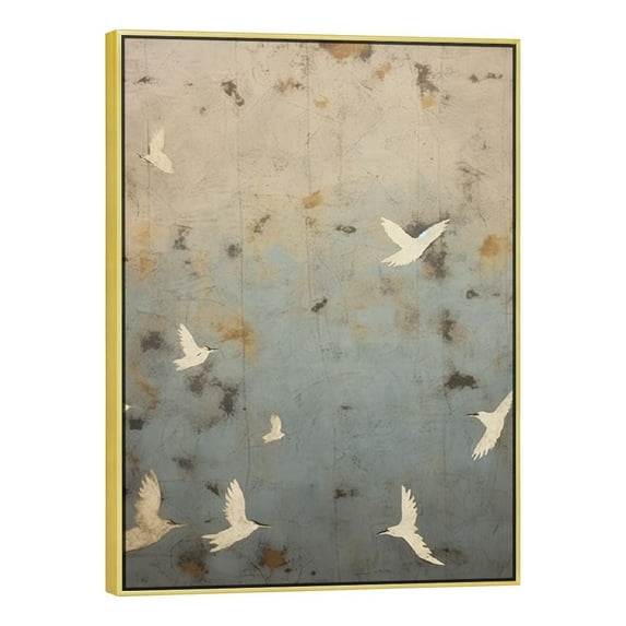 Nawypu Framed Canvas Print Wall Art Grunge Gold Flying Bird Collage Nature Wilderness Illustrations Modern Art Decorative Landscape Rustic Zen Colorful for Living Room, Bedroom, Office