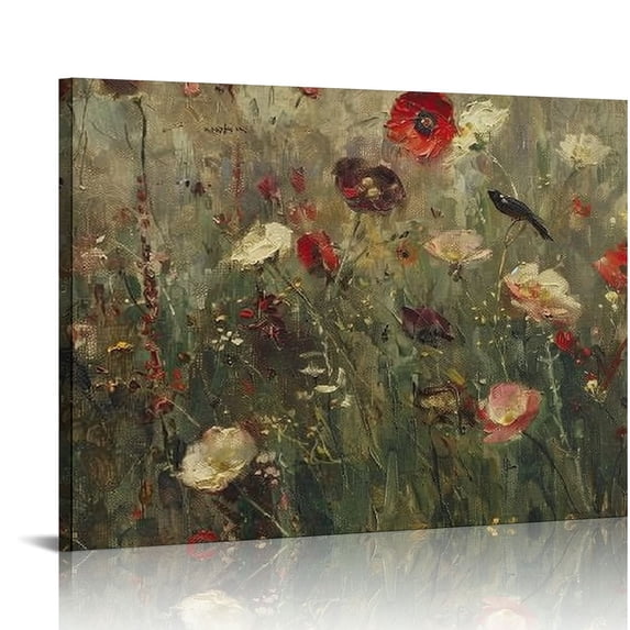 Nawypu  Framed Canvas Print Wall Art Lush Poppy Field Vibrant Red and Pink Floral Nature Wilderness Illustrations Rustic Zen Colorful for Living Room, Bedroom, Office - BLACK