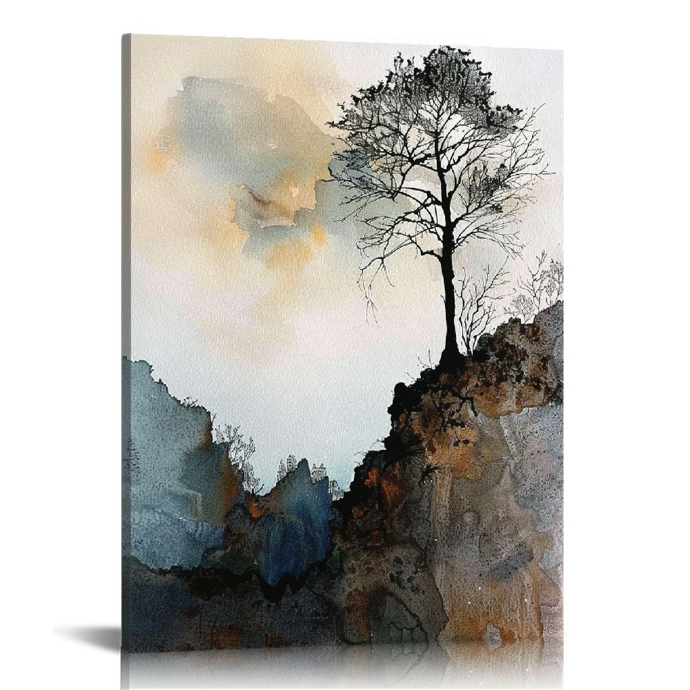 Nawypu Framed Canvas Print Wall Art Set Pastel Watercolor Gold Mountain ...