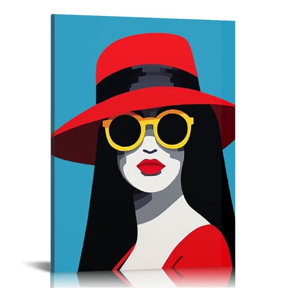 Nawypu Framed Canvas Print Wall Art Stylish 1980s Woman in Red Hat & Sunglasses Pop Culture Fashion Illustrations Pop Art ChicUltra for Living Room, Bedroom, Office