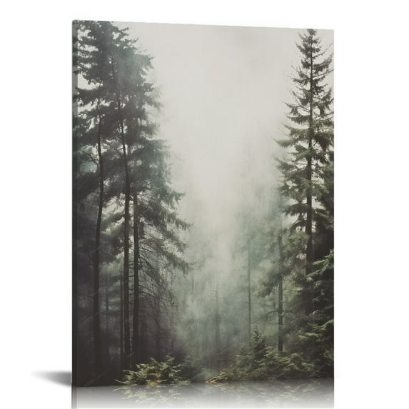 Nawypu  Framed Canvas Print Wall Art Washed Out Mist Over Forest Pine Trees Nature Wilderness Photography Modern Rustic Scenic Multicolor for Living Room, Bedroom, Office