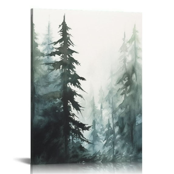 Nawypu Framed Canvas Print Wall Art Woodland Nursery Decor Green & Teal Watercolor Forest Pine Trees Floral Nature Illustrations Modern Chic Multicolor for Living Room, Bedroom, 16x20 inch