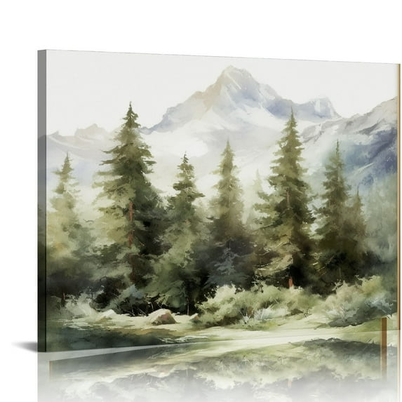 Nawypu Framed Canvas Print Wall Art Woodland Nursery Decor Watercolor Mountain Range and Pine Trees Nature Wilderness Modern Rustic Scenic for Living Room, Bedroom, Office - 20x16 inch