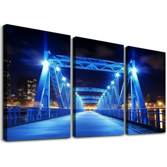 Nawypu Framed Canvas Wall Art Blue Bridge Grand Rapids Michigan lit up at Night Photo Print Poster Large Size Stretched & Framed Artwork Home Decor Ready to Hang 12''x16''X3 Panels