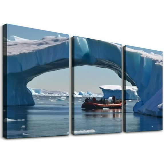 Nawypu Framed Canvas Wall Art Large ice Arch in Iceberg in Antarctica Photo Print Poster Large Size Stretched & Framed Artwork Home Decor for Living Room Ready to Hang 12''x16''X3 Panels