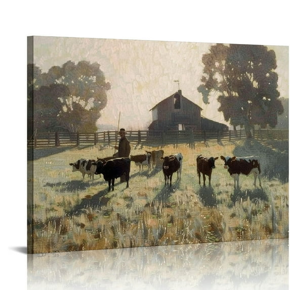 Nawypu Framed Canvas Wall Art for Living Room Bedroom Decor Vintage Canvas Wall Art Vintage Farm Landscape Cow Canvas Painting Rustic Bathroom Decor Wall Art, Vintage Cow Painting Vintage Wall Art