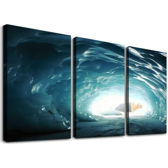 Nawypu Framed Canvas Wall Art Natural ice cave Photo Print Poster Large Size Stretched & Framed Artwork Home Decor for Living Room Ready to Hang 12''x16''X3 Panels