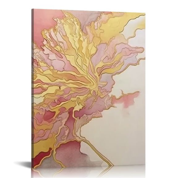 Nawypu Framed Canvas Wall Art Pink Gold Abstract Painting Water Flow Shape Modern Home Decor Ready to Hang