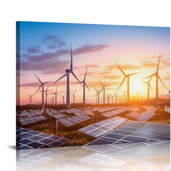 Nawypu Framed Canvas Wall Art Print On Canvas Aerial View of Wind and photovoltaic Power Generation Scenes Pictures Posters Artwork for Living Room Bedroom Ready to Hang Wall