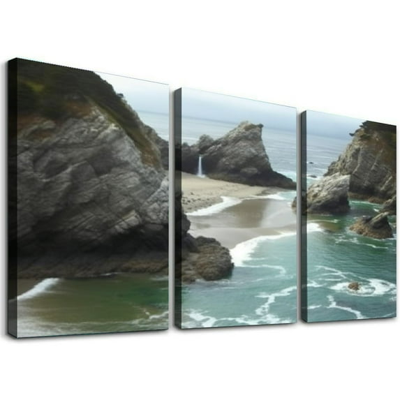 Nawypu Framed Canvas Wall Art Print On Canvas Big Sur McWay Falls Pictures Posters Artwork for Living Room Bedroom Ready to Hang Wall Decor 12''x16''X3 Panels