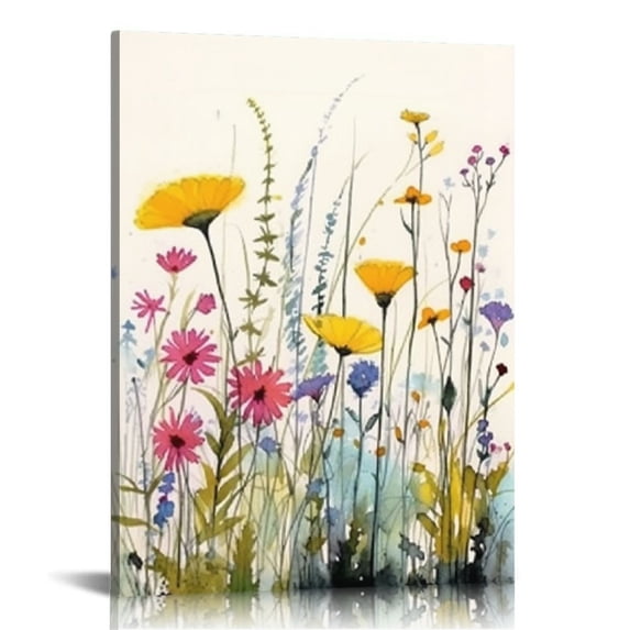 Nawypu Framed Floral Botanical Canvas Wall Art Watercolor Blue Yellow Wildflower Pictures Posters Prints Wall Decor Rustic Cottage Painting Artwork for Living Room Bathroom Bedroom 16x20 inch