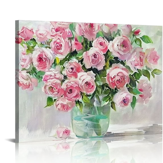Nawypu Framed Pink Flowers Canvas Prints Wall Art Roses in Vase Wall Decor Nature Rustic Woman Home Decor Painting Picture for Bathroom Bedroom Living Room Ready To Hang