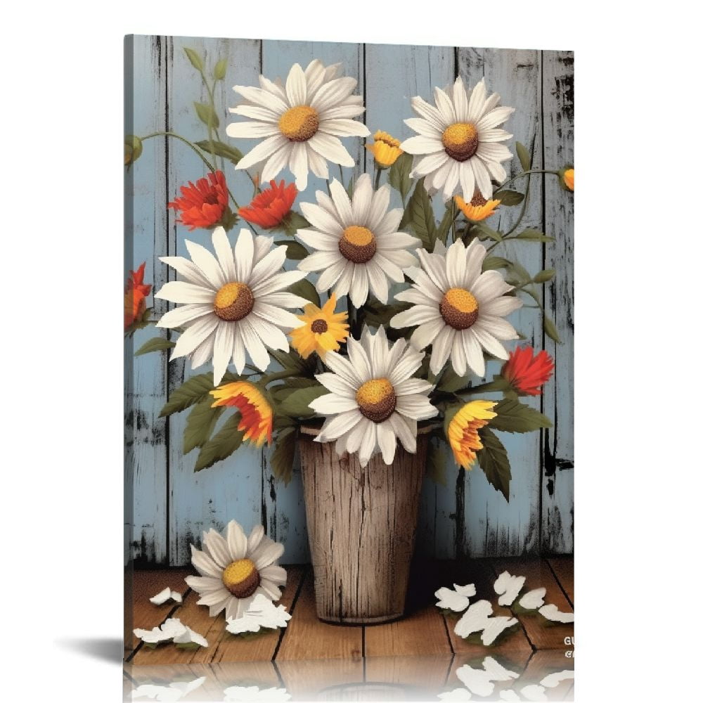 Nawypu Framed Rustic Farmhouse White Sunflower Wall Art Decor for ...