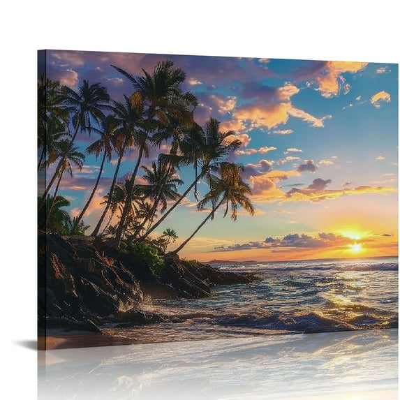Nawypu Framed Sunset Beach Wall Art - Tropical Island Beach Pictures Natural Beauty Scene Wall Decor Coastal Ocean Waves Painting Coconut Trees Canvas Print Artwork Home Office Decoration