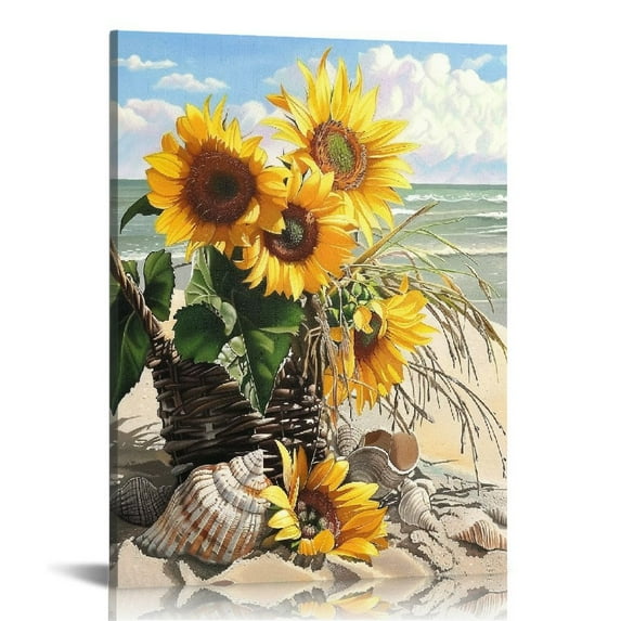Nawypu Framed Vintage Sunflower Wall Decor, Rustic Yellow Sunflower in Straw Woven Tote Bag, Beach Canvas Wall Art, Painting Artwork Prints, Modern Home Decor Ready to Hang
