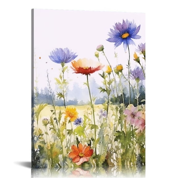 Nawypu Framed Watercolor Wildflower Pictures Canvas Wall Art Purple Daisy Flower Green Leaves Art Painting Colorful Plant Decor for Farmhouse Living Room Bedroom Bathroom 16x20 inch