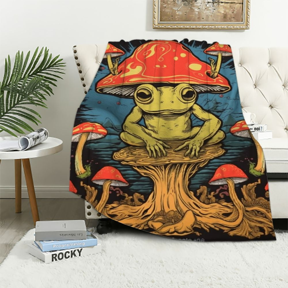 Nawypu Frog Print Blanket Funny Frogs Sits On Mushroom Flannel Throw 