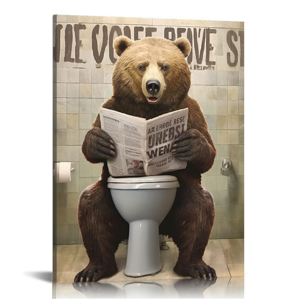 Nawypu Funny Bear Bathroom Wall Art Rustic Bear on the Toilet Bathroom