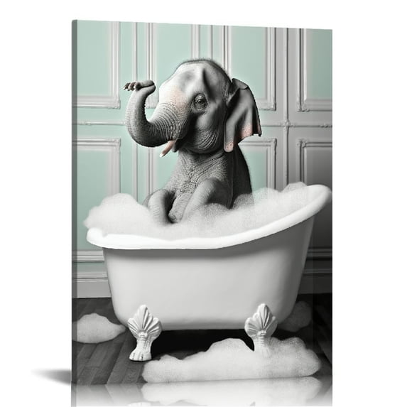 Awypu Funny Elephant Bathroom Wall Art Washing Elephant In Bathtub Bathroom Pictures for Wall Farmhouse Animal Paintings Please Seat Yourself Bathroom Sign Framed Artwork Rustic Canvas Print Decor