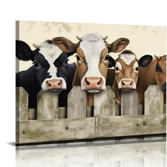 Nawypu Funny Farmhouse Wall Art Curious Highland Cows Canvas Prints Picture Rustic Farm Animals Posters Wall Decor for Kids Room Living Room Bedroom Decoration Modern Framed Artwork - 20x16 inch