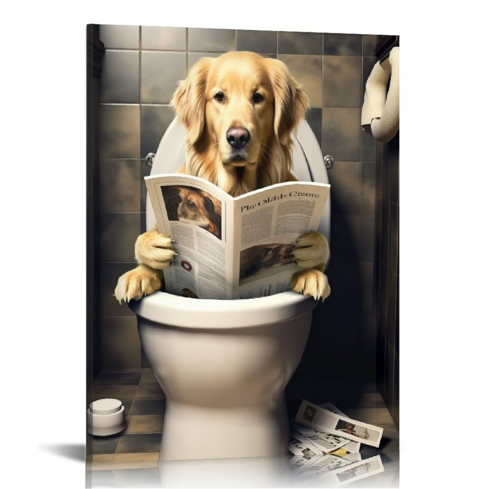 OWNANRTHM Dog Bathroom Wall Art Dog Toilet Painting Black And White Animal Bathroom Canvas Wall Art Funny Pet Animal Toilet Paper Poster Pictures For Bath Restroom Wall Framed 8X10 Inch