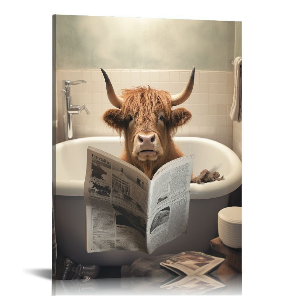 Nawypu Funny Highland Cow Wall Art Framed Black and White Canvas Cute Bathroom Cow Canvas