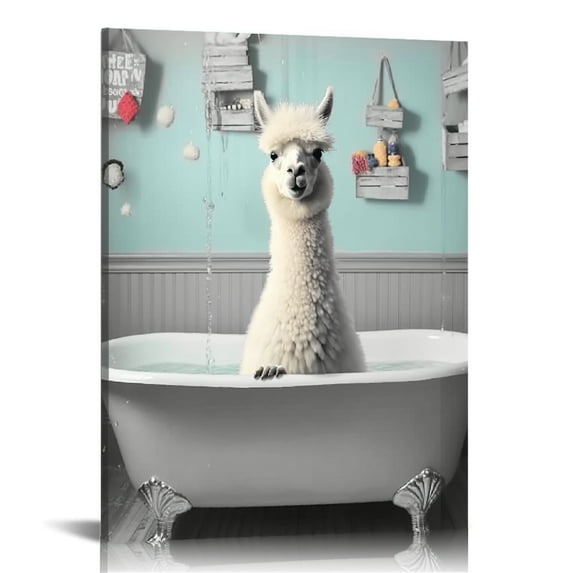 Nawypu Funny Llama Bathroom Wall Art Alpaca in Bathtub Pictures Wall Decor Black and White Animal Bathroom Sign Canvas Prints Artwork Painting Home Decor for Bathroom Toilet Framed