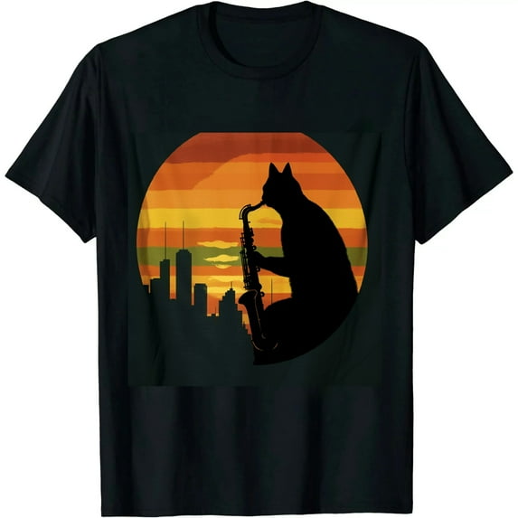 Nawypu Funny Saxophone Cat Musician Jazz Music Lover Retro Vintage T-Shirt