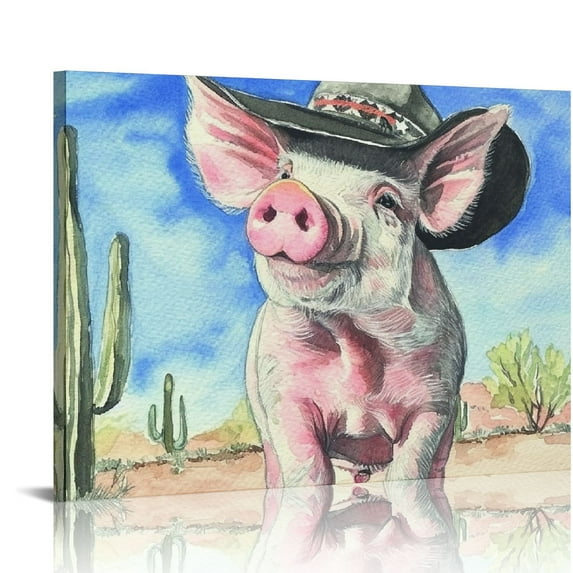 Nawypu  Funny Wild West Fashion Baby Pig Blue Watercolor Painting Canvas Wall Art, Multi-Color