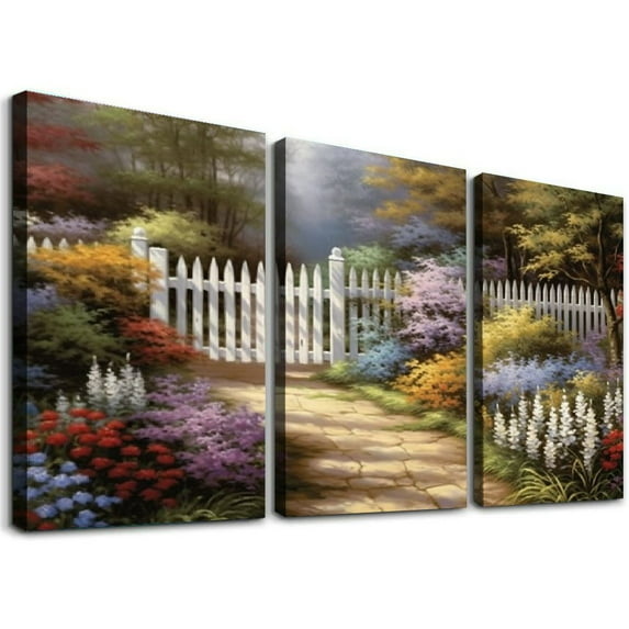 Nawypu Gateway to Enchantment Canvas Wall Art Print, Garden Gate and Bench in Colorful Flower Garden Before a Fall Forest, Autumn Home Décor Artwork, 12''x16''X3 Panels