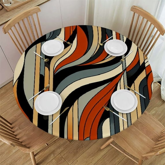 Nawypu Geometric Abstract Round Tablecloth, Fitted Table Cover with Elastic Round Tables, Modern Vintage Oil Painting Art Table Cloth Outdoor Indoor Dinning Party Waterproof Tablecloths
