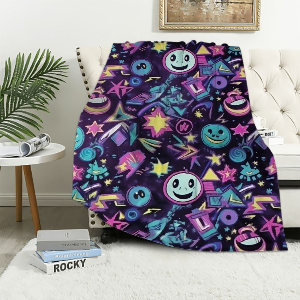 Nawypu Geometric Emoji Throw Blanket, Vaporwave Funny Faces Monkeys