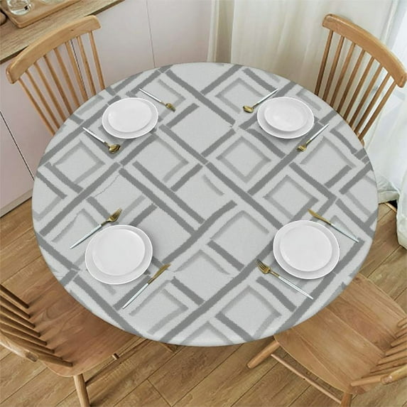 Nawypu Geometric Gray Round Tablecloth Fitted Table Cover, Elastic Tablecloths Waterproof Outdoor Indoor Stretch Cloth Tablecover for Dinner, Party, Shower, Contemporary Minimalist Boho Stripes