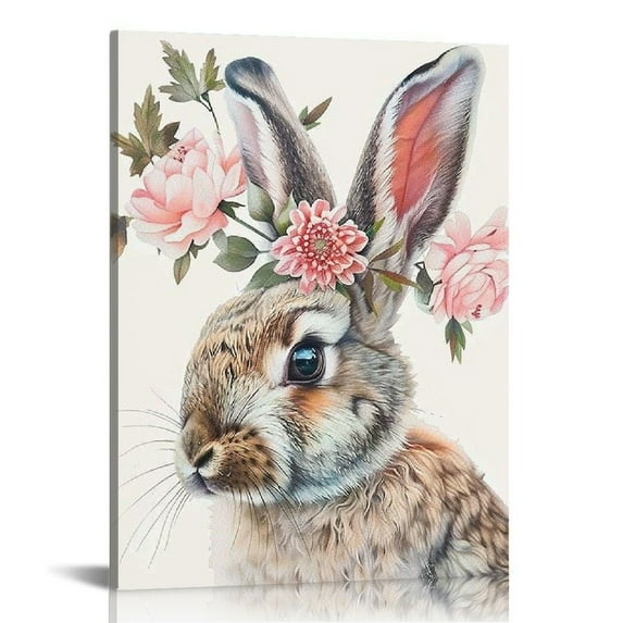 Nawypu Girls Nursery Wall Art Bunny Rabbit with Pink Flower Crown Canvas Print Wall Decor Woodland Animal Posters Kids Room Set of Bedroom Decoration Bunny Rabbit Pictures Framed Wall Art