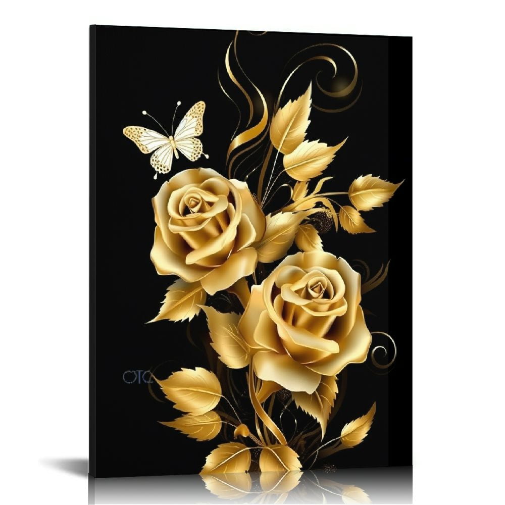 Nawypu Gold Rose Wall Art, Black And Gold Rose Canvas Wall Art