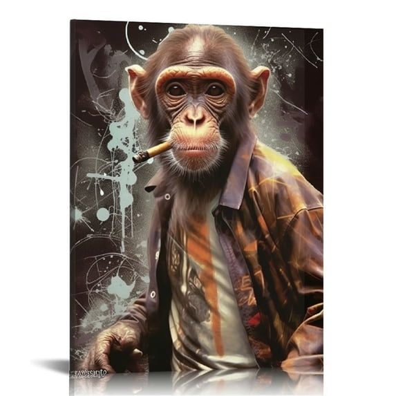 Awypu Graffiti Monkey in Suit Wall Art Canvas Painting Poster Abstract Animal Print Art Picture Suitable for Living Room Decor Framed