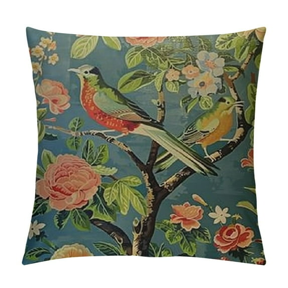 Nawypu Green Chinoiserie Pillow Cover Vintage Bird Flower Throw Pillow Covers Farmhouse Floral Decorative Pillowcase Outdoor Square Cushion Cover for Couch Sofa Bedroom Decor
