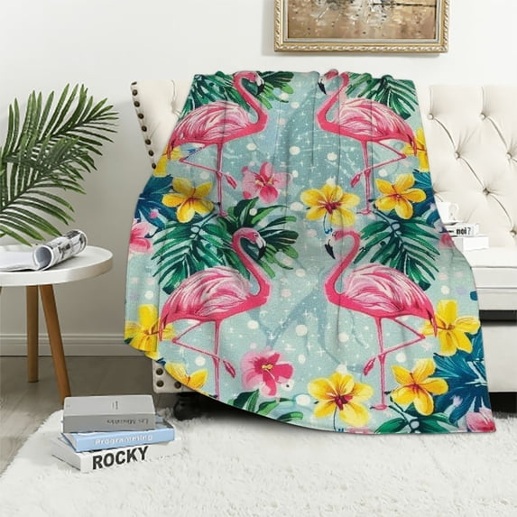 Nawypu Green Palm Leaves Throw Blanket,Tropical Animals Watercolor Flower Blanket for Bedroom Decor,Pink Flamingo Super Soft Blanket for Sofa Couch for All Seasons