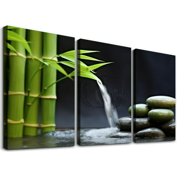 Nawypu Green Spa Still Life with Bamboo Fountain and Zen Stone in Water Wall Art Painting The Picture Print On Canvas Botanical Pictures for Home Decor Decoration Gift 12''x16''X3 Panels