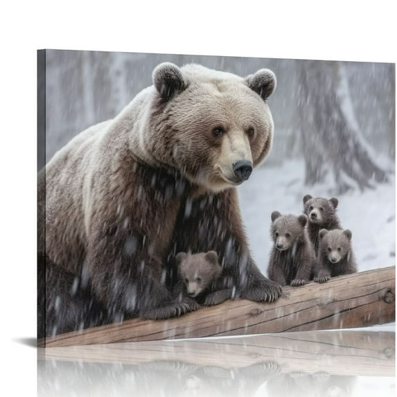 Nawypu Grizzly Bear Wall Art Decor: Grey Bear Mama and Cubs Framed Pictures Woodland Animal Poster Snowy Winter Canvas Prints for Baby Kids Room Nursery Cabin Decorations Birthday Christmas Gift