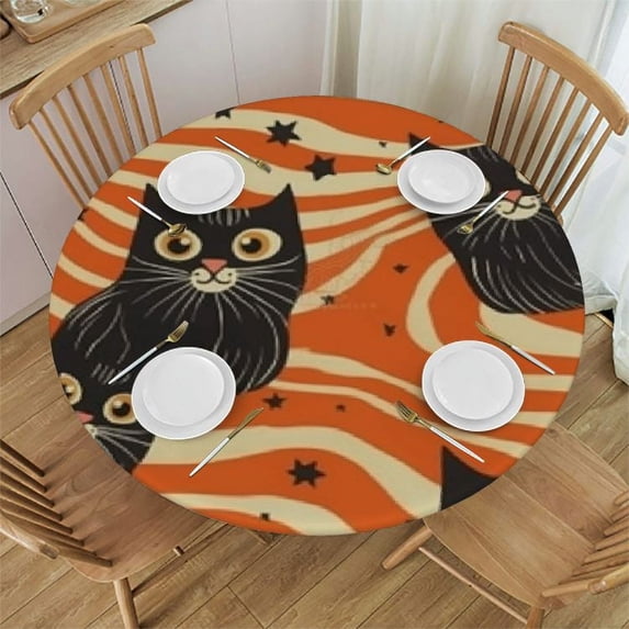 Nawypu Halloween Black Cat Wave Round Tablecloth with Elastic Fitted Round Table Cover for Round Tables Outdoor Tablecloth for Dining Picnic Party