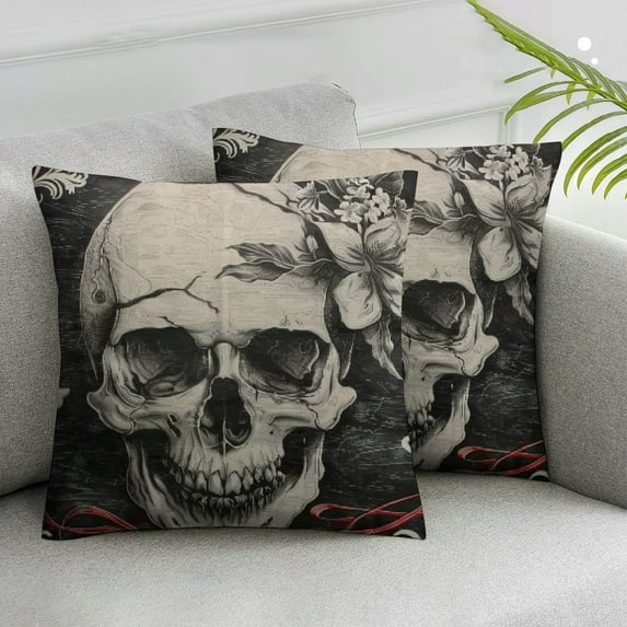 Nawypu Halloween Pillow Covers Sugar Skull Flowers Gothic Design Skeleton All Saints Day Goth Throw Waist Pillow Cases Black White Home Sofa Couch Decor Cushion Cover 2pcs